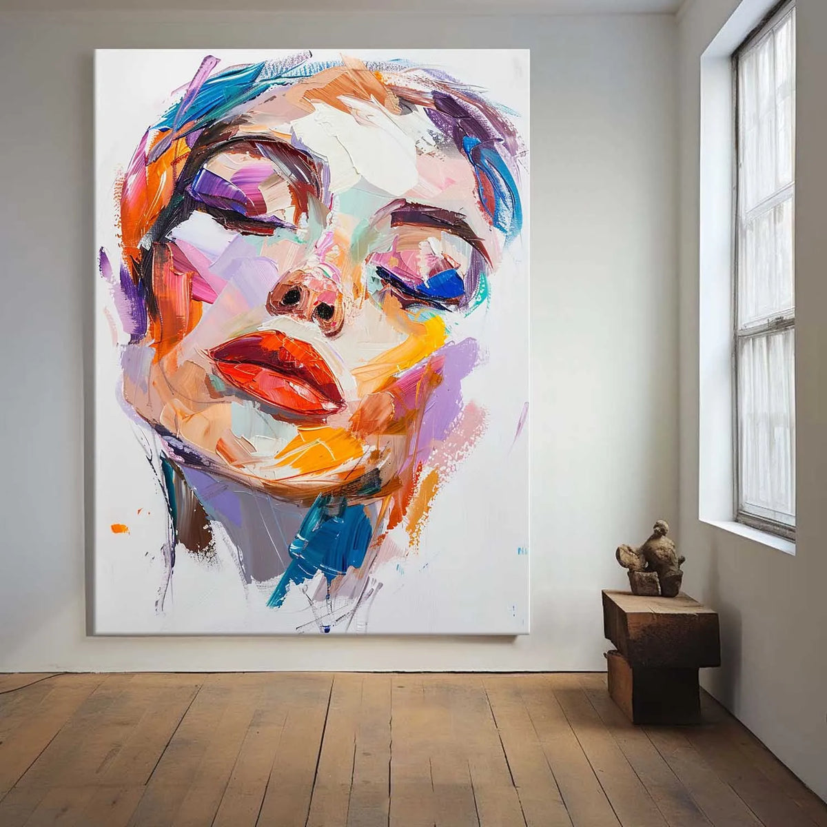 tableau abstrait multicolore contemporain expressionniste sans cadre portrait femme toile peinte décoration intérieure moderne