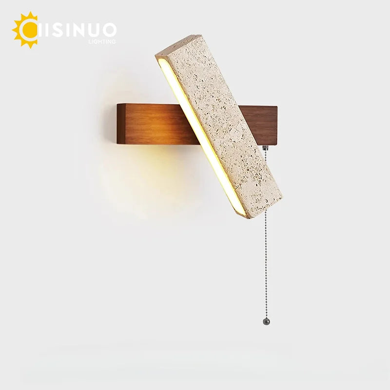 lampe murale moderne bois texture granulaire beige brun clair interrupteur câble opacité minimaliste chambre