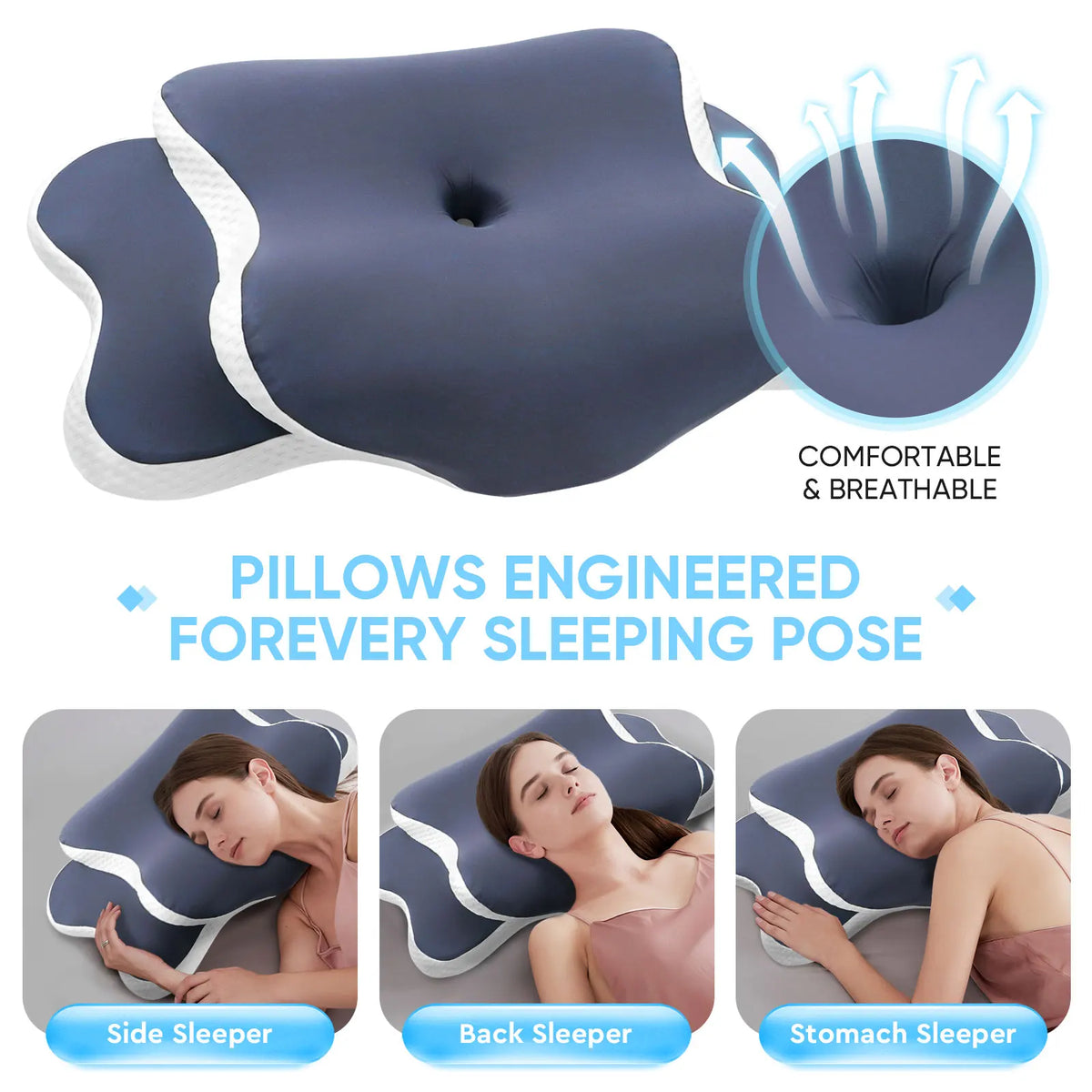 oreiller ergonomique mousse mémoire forme feuille bleu foncé alvéoles tête cou support moderne
