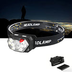 lampe frontale led rechargeable noir blanc rubans jaunes mode ajustable camping plein air travail