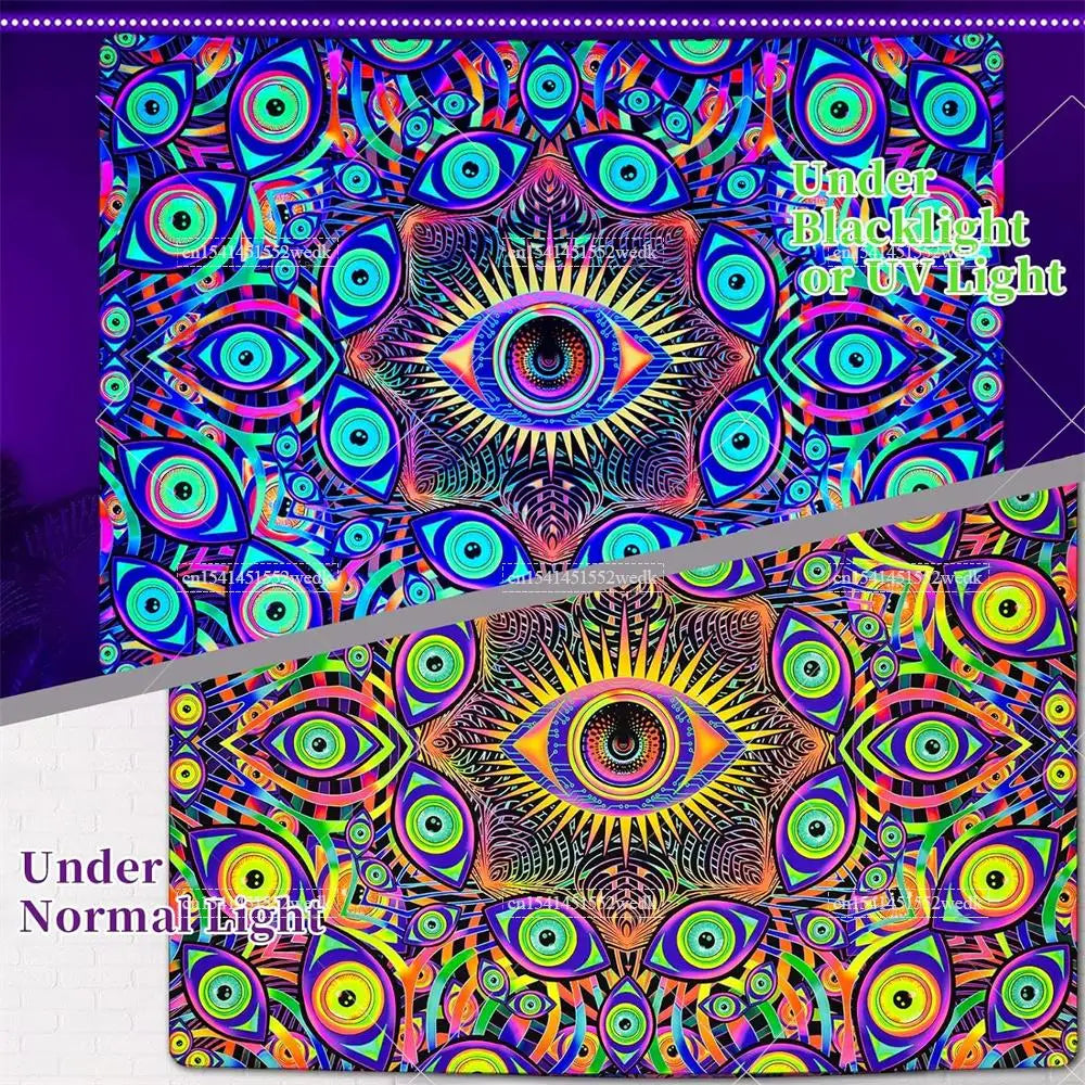 tapisserie murale multicolore oeil stylisé motifs géométriques artificielle psychédélique uv reactive