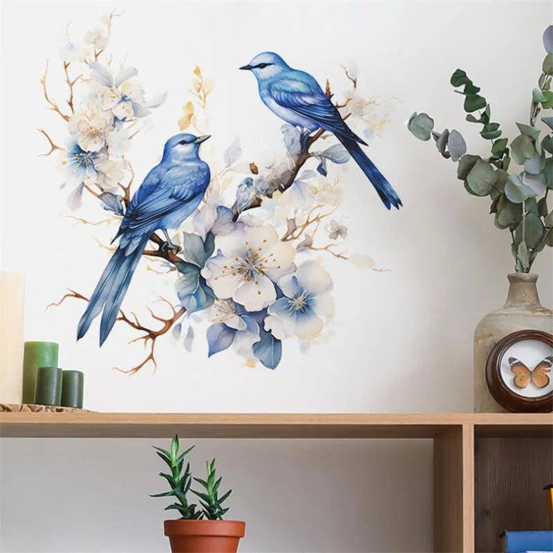 sticker mural oiseaux branches fleurs art floral adhésif bleu blanc beige bruns chambre salon