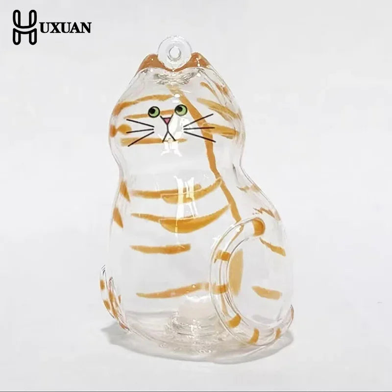 boîte transparente cheveux animaux figurine chat verre rayures oranges yeux verts moustaches noires artisanale