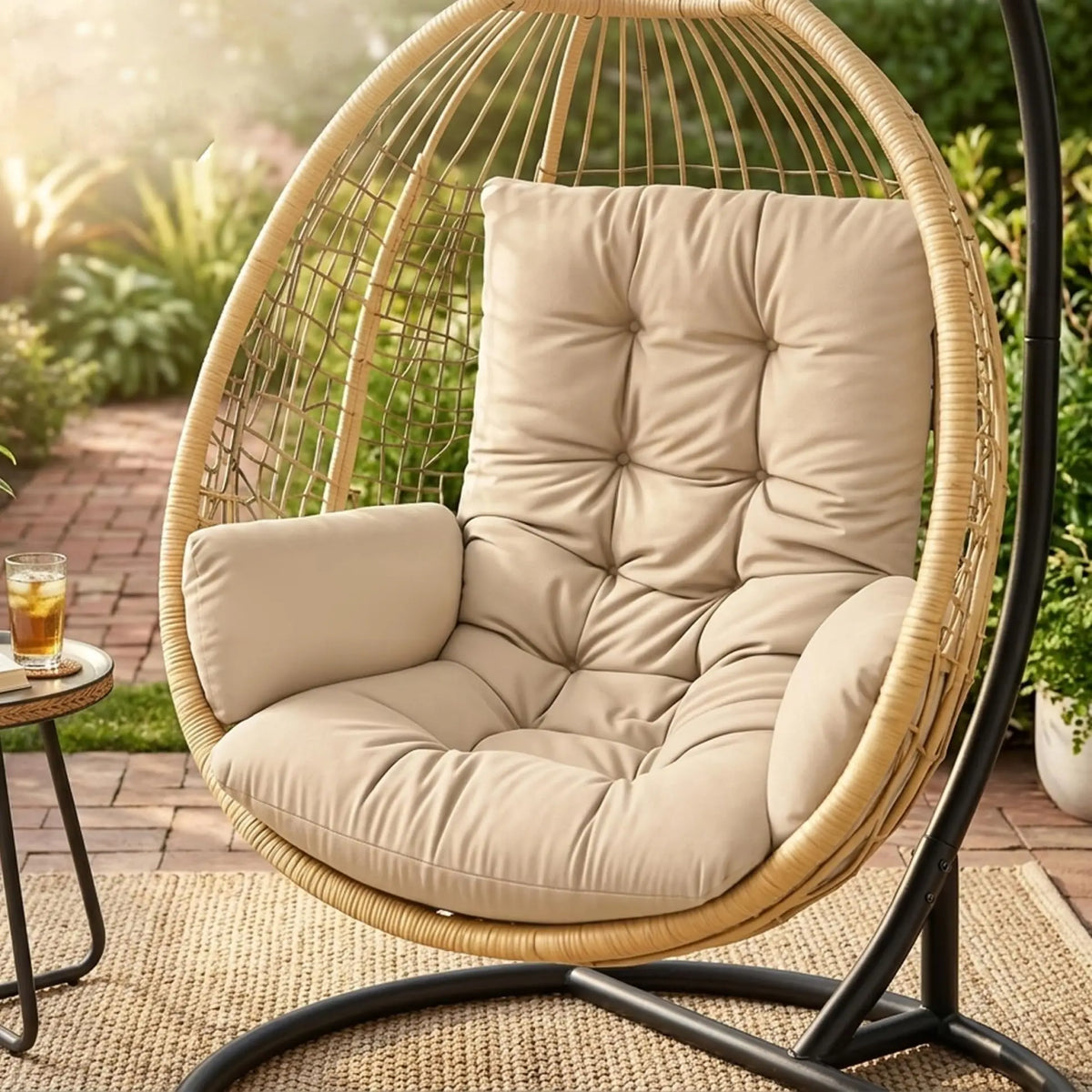 coussin chaise suspendue beige clair texture tissée boutons moderne imperméable coton fauteuil