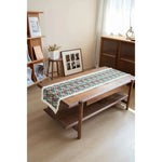 chemin table moderne motif géométrique vert rouge beige bordure frisée coton polyester