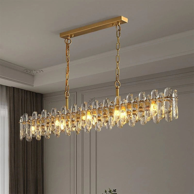 lampe suspendue cristal or moderne élégante chaînes brillants transparents chambre restaurant cuisine