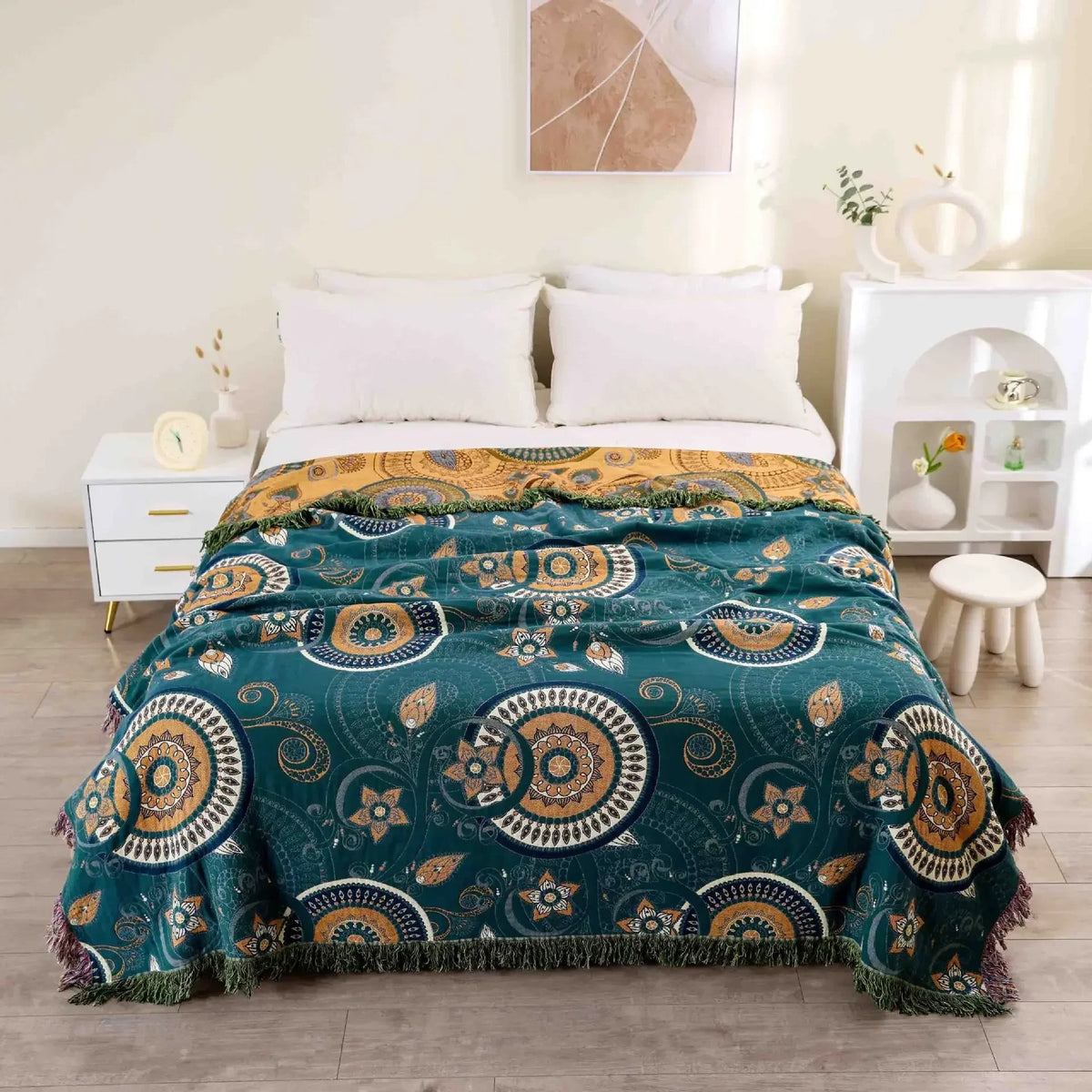 couverture coton boho chic motif floral orange bleu beige printemps automne anti boulochage utilisation