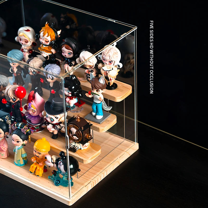 étagère figurines transparente moderne bois clair réutilisable pliable organisateur collection carrée respectueuse environnement minimaliste