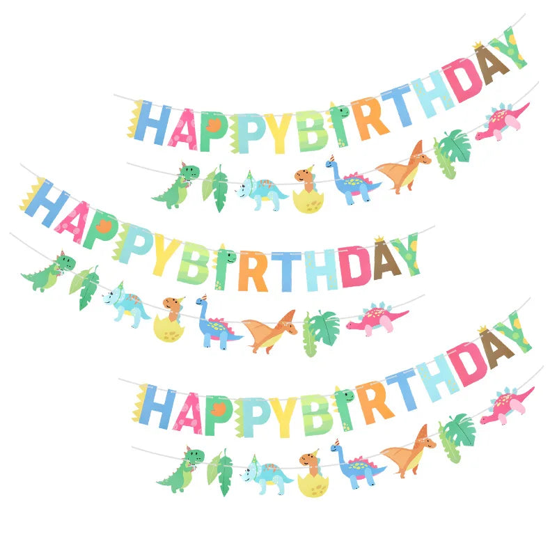 guirlande anniversaire multicolore lettres dinosaures feuilles jungle festive