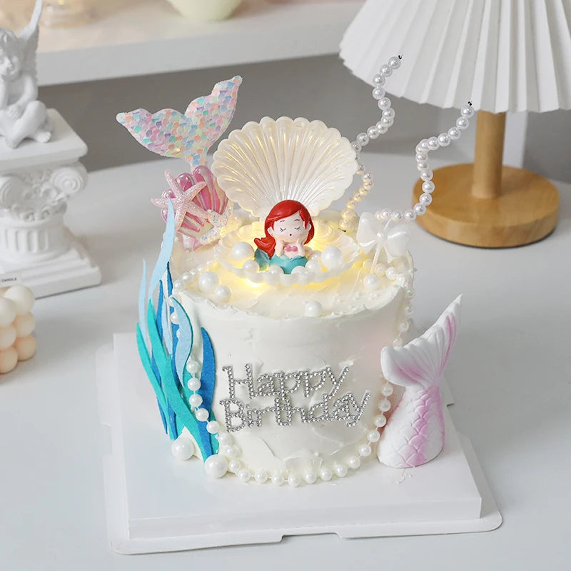 figurine sirène poisson coquillage gâteau anniversaire thème sous marin décoratif happy birthday