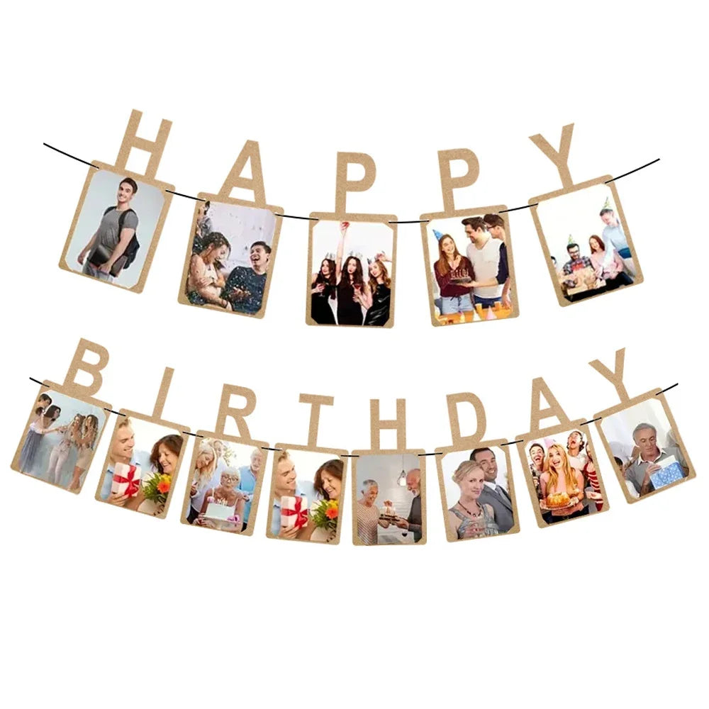 guirlande lettre happy birthday photos cadre papier kraft clips marron decoratif festif