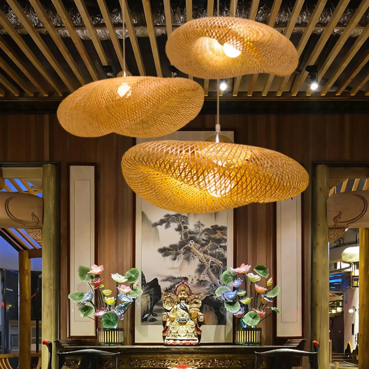 Suspension lumineuse tressée bambou naturel moderne câble doré salon chambre