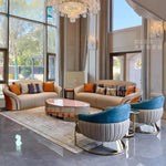 canapé moderne forme bois texturé coussins décoratifs beige orange bleu rose