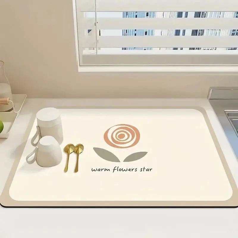 tapis séchage moderne fleurs texte beige gris anti bactérie anti dérapant super absorbant