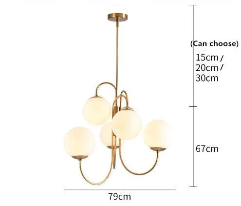 suspension lumineuse moderne or blanc sphères translucides structure métallique élégante têtes lumière froide naturelle
