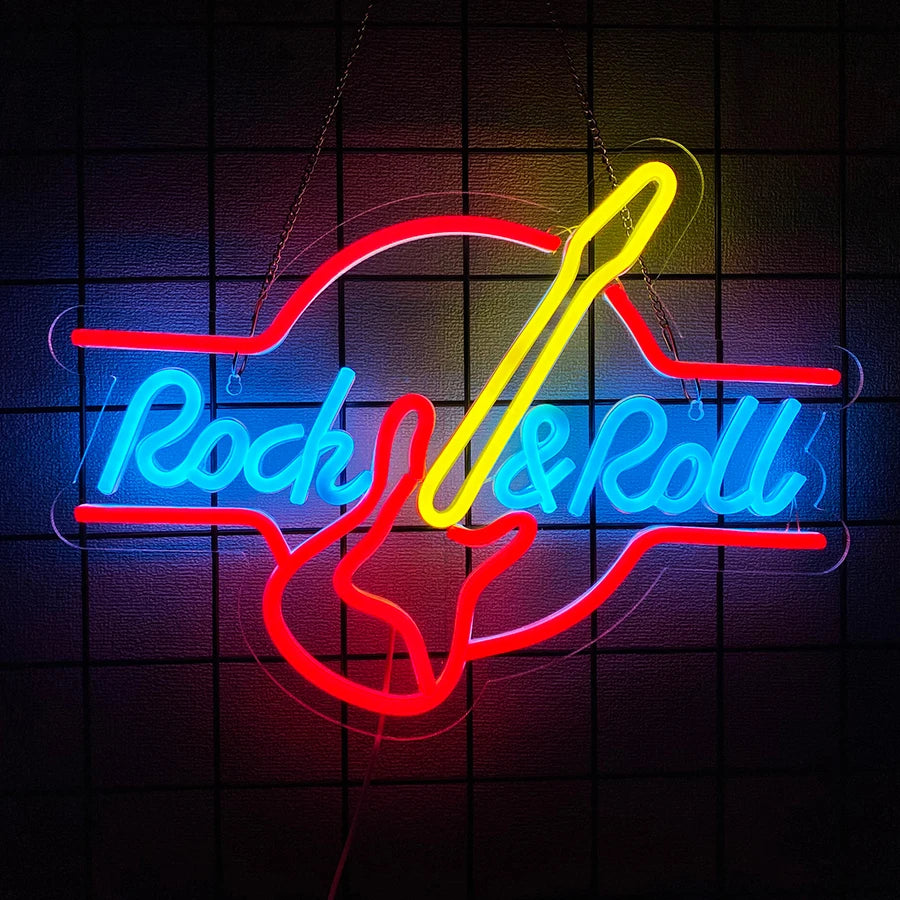 néon lumineux guitare rock roll live music couleur rouge bleu jaune blanc fixations