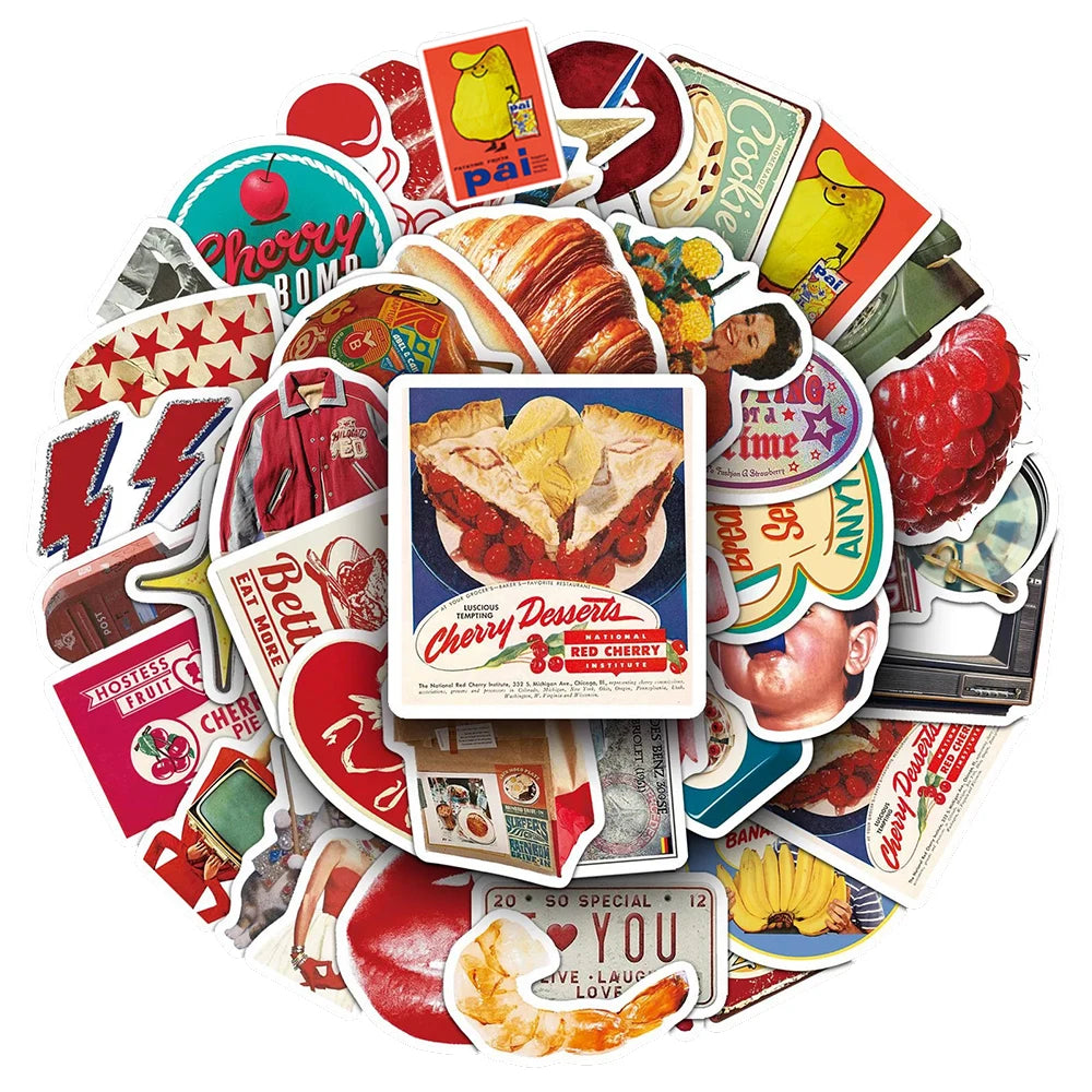 stickers vintage adhésifs motifs variés fruits animaux décoration rouges blancs noirs différents