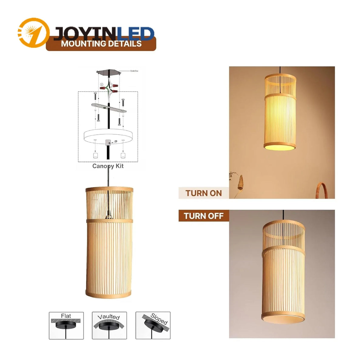 lampe suspendue moderne bambou tissé main boho rayures verticales beige noir