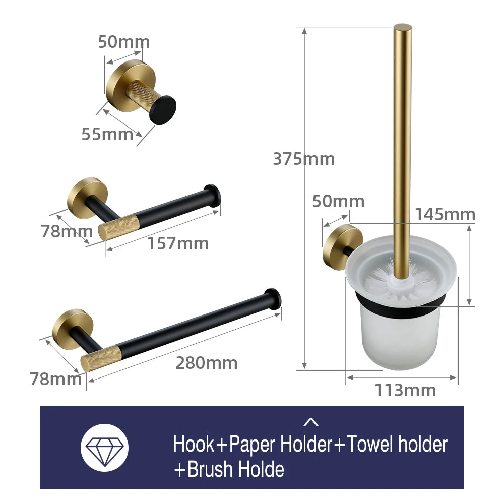 accessoires salle bains porte serviettes moderne porte savon noir doré texture moletée fixations élégants