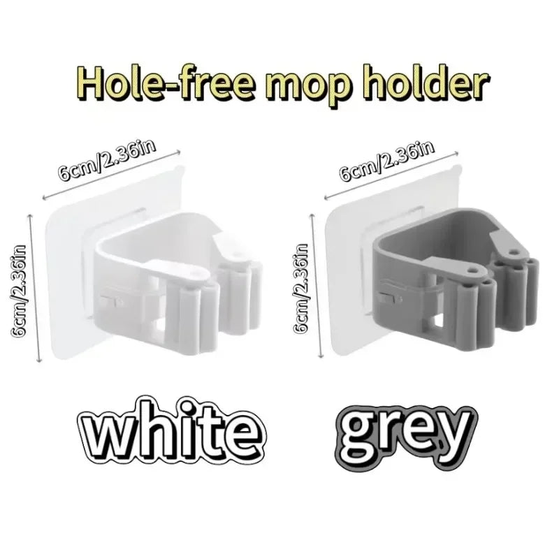 porte balai adhésif transparent blanc gris moderne support mops clips rangement cuisine salle bains