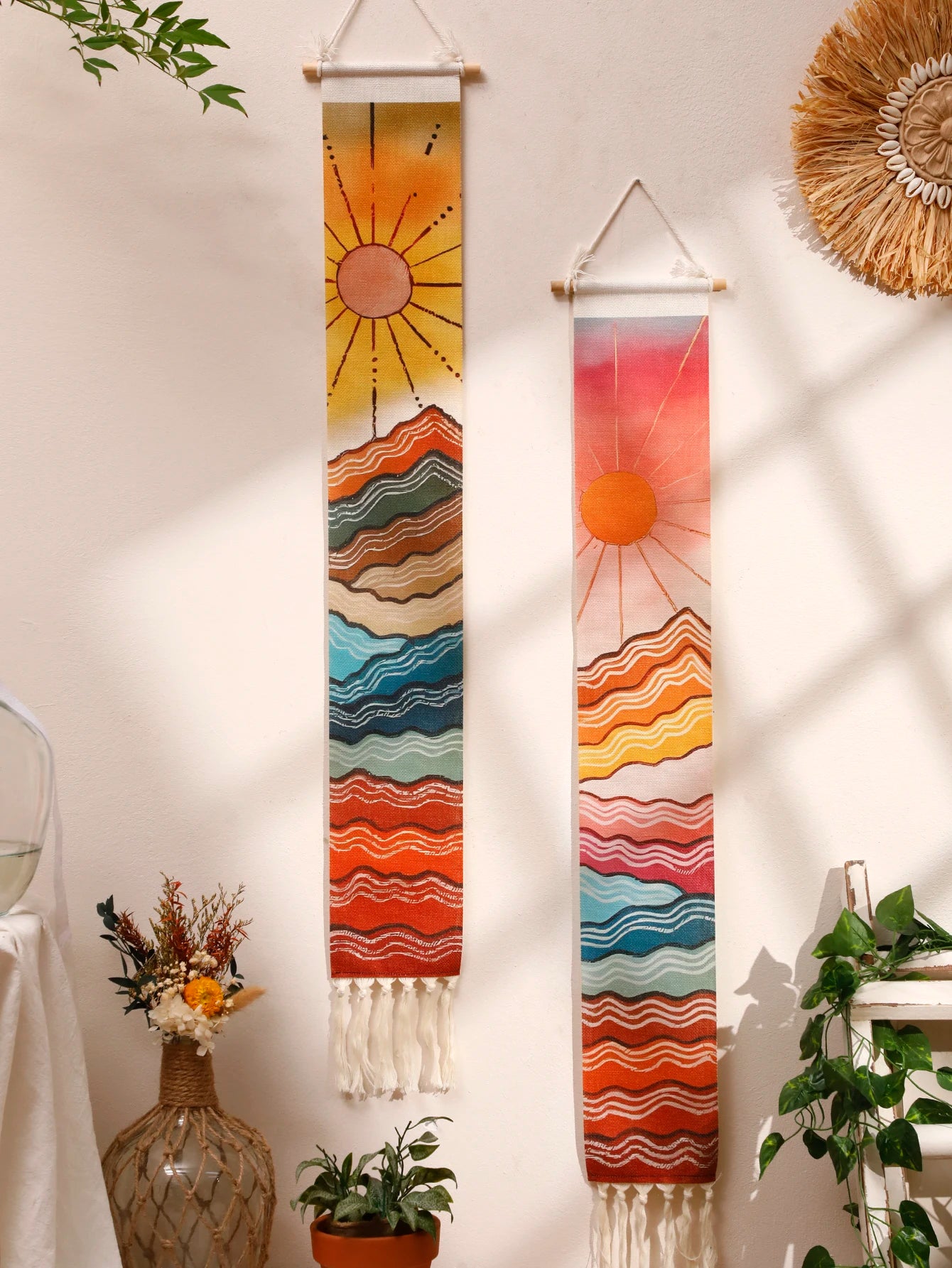Tapisserie murale macramé montagne lever soleil décoration boho