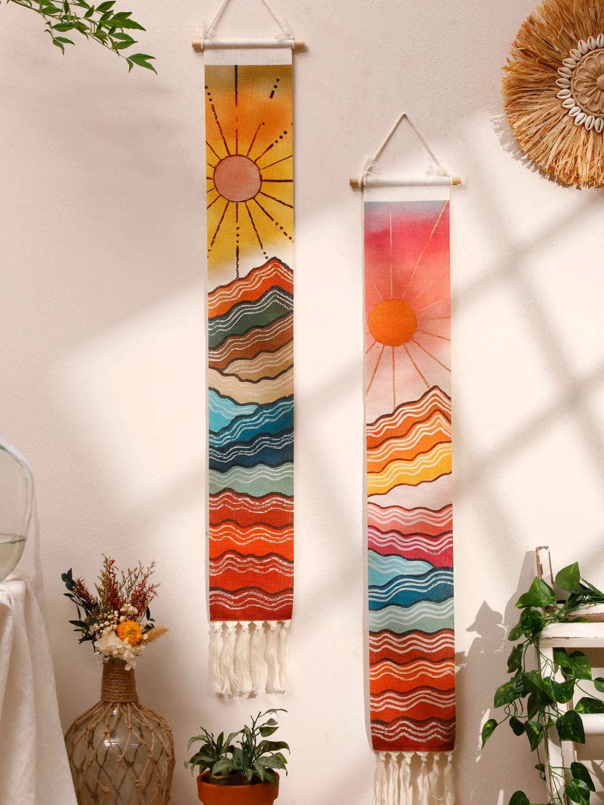 Tapisserie murale macramé montagne lever soleil décoration boho