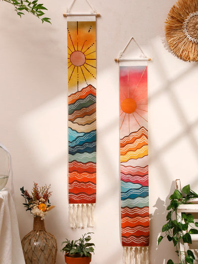 Tapisserie murale macramé montagne lever soleil décoration boho
