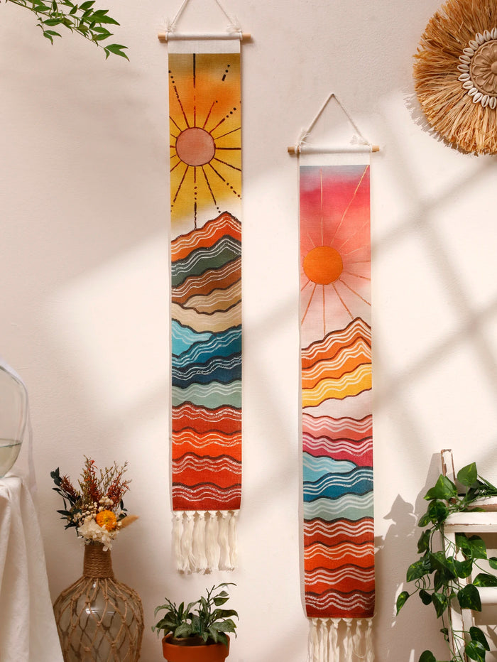 Tapisserie murale macramé montagne lever soleil décoration boho