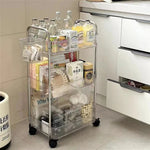 chariot roulettes transparent moderne filetage niveaux boîtes divers biscuits thé cosmétiques jouets