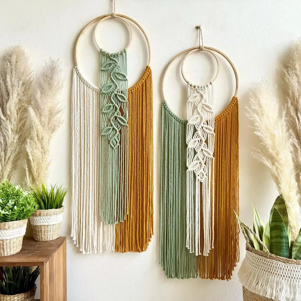 décoration murale bohème macramé feuille verte noeuds franges moderne chambre salon