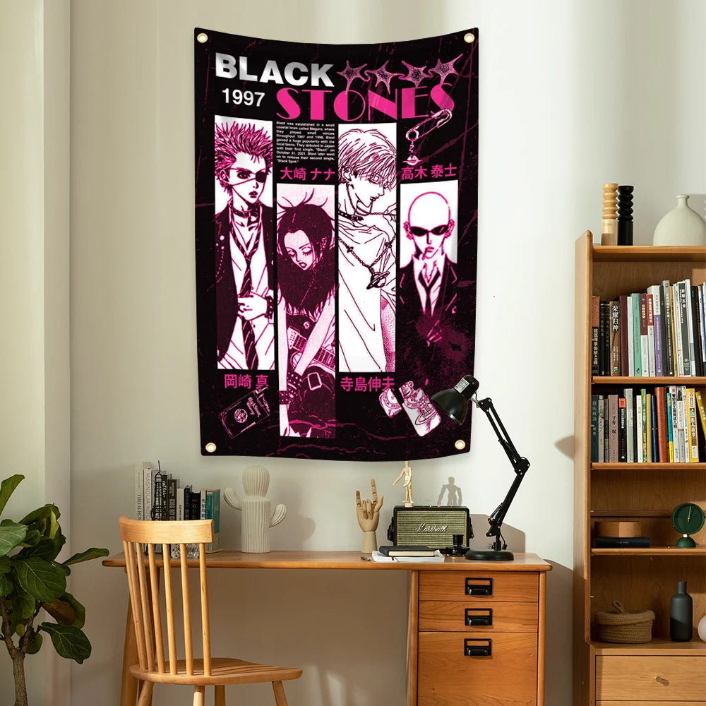 tapisserie anime personnages noir blanc rose bleu gris illustration clip accrochée chambre intérieure extérieure