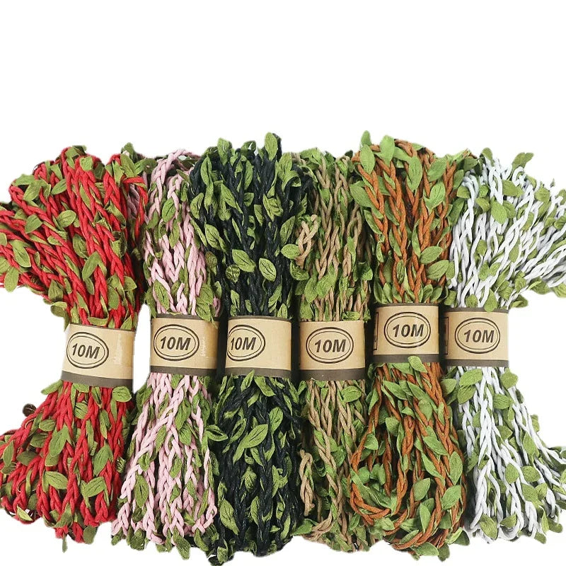 ruban artificiel feuilles vertes imprimées rouge rose noir vert marron clair 5mètres textile artisanal