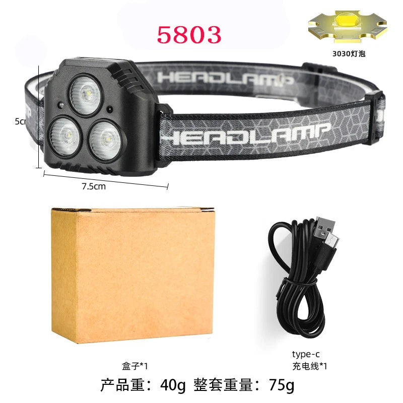 lampe frontale led rechargeable usb capteur mouvement lanternne étanche camping pêche course pied rayures
