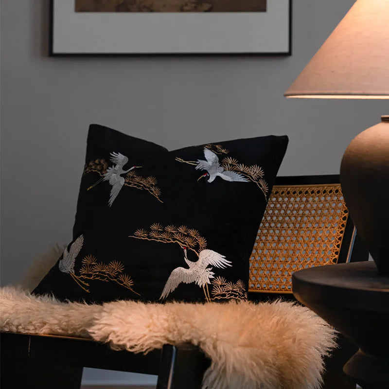 housse coussin noir oiseaux dorés traditionnel brodé opacité polyester coton 45x45cm 50x50cm