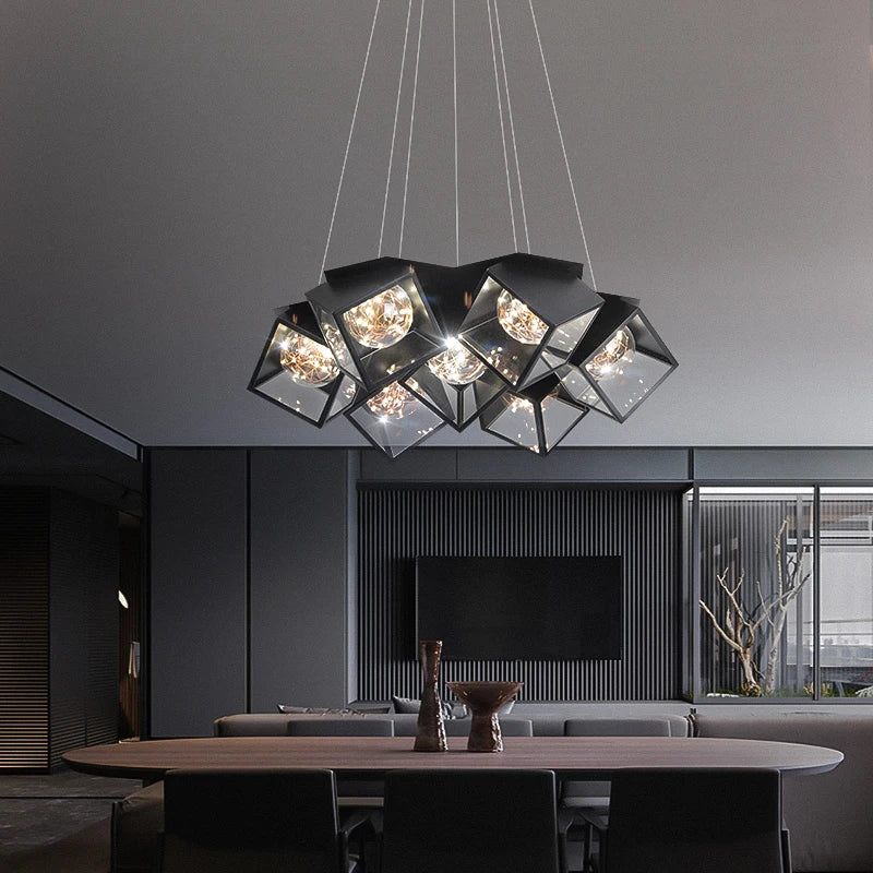 lampe suspendue moderne cubiques géométriques noir blanc chaînes interrupteur tactile chambre salon