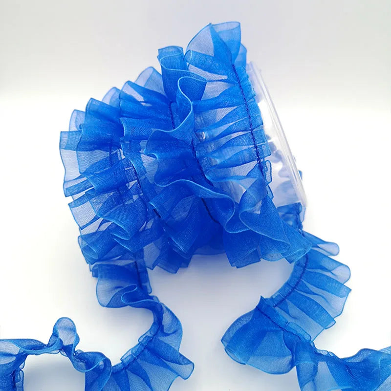 ruban plissé polyester nylon largeur 25mm dentelle organza écologique élastique soluble eau bleu rose
