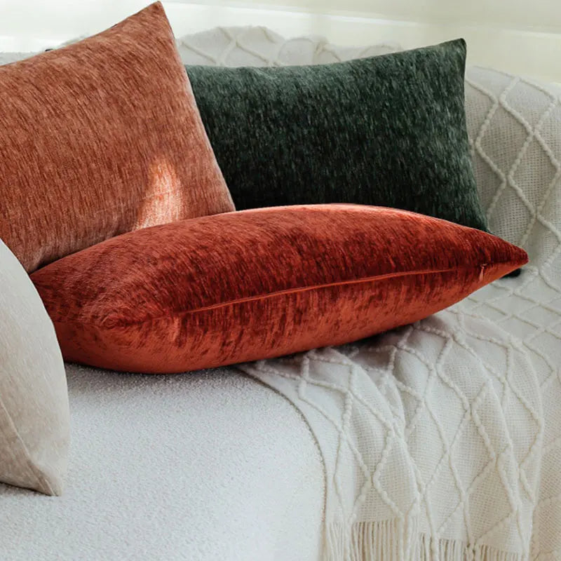 housse coussin chenille solide moderne 30x50cm orange gris vertfoncé velours