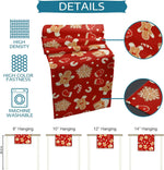 Détails de l'image d'un tissu de Noël rouge avec des motifs de bonhommes en pain d'épice, de flocons de neige et de friandises, disponible en différentes tailles de suspension.