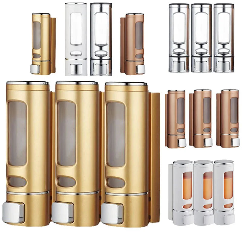 distributeur savon liquide or argent blanc moderne finition métallique fenêtre transparente minimaliste vis