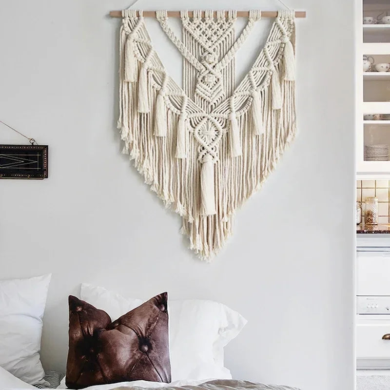 tapisserie macramé géométrique bohème beige clair franges tissu coton hand woven