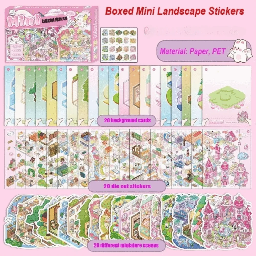 stickers paysage miniature dessin animé mignon personnages animaux scènes détaillées rose blanc vert bleu