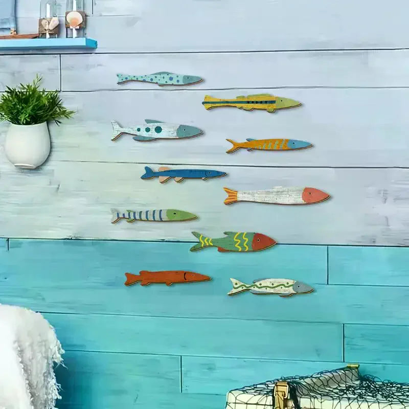 poissons bois bleu vert orange artisanal décoratif maison salle bain adhésif