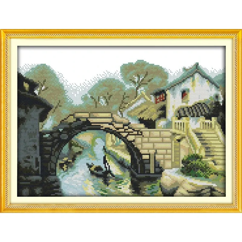 broderie point croix paysage rural pont maison arbres animaux instructions rubans coton grille dimensions
