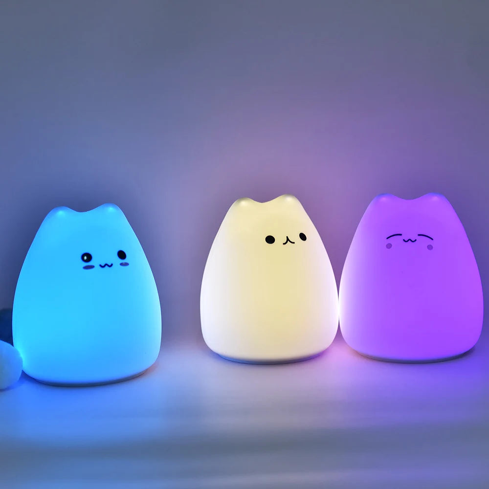 veilleuse animale chat silicone kawaii dessin animé bébé chambre enfant jaune bleu rose violet