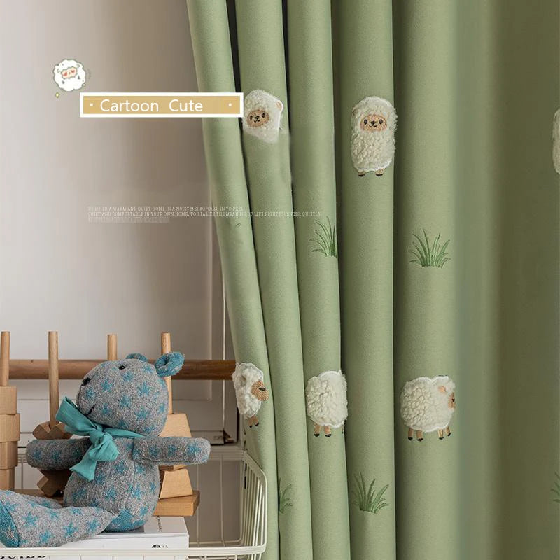 rideau vert clair brodé mouton herbe cartoon enfant chambre opaqueextérieur simple