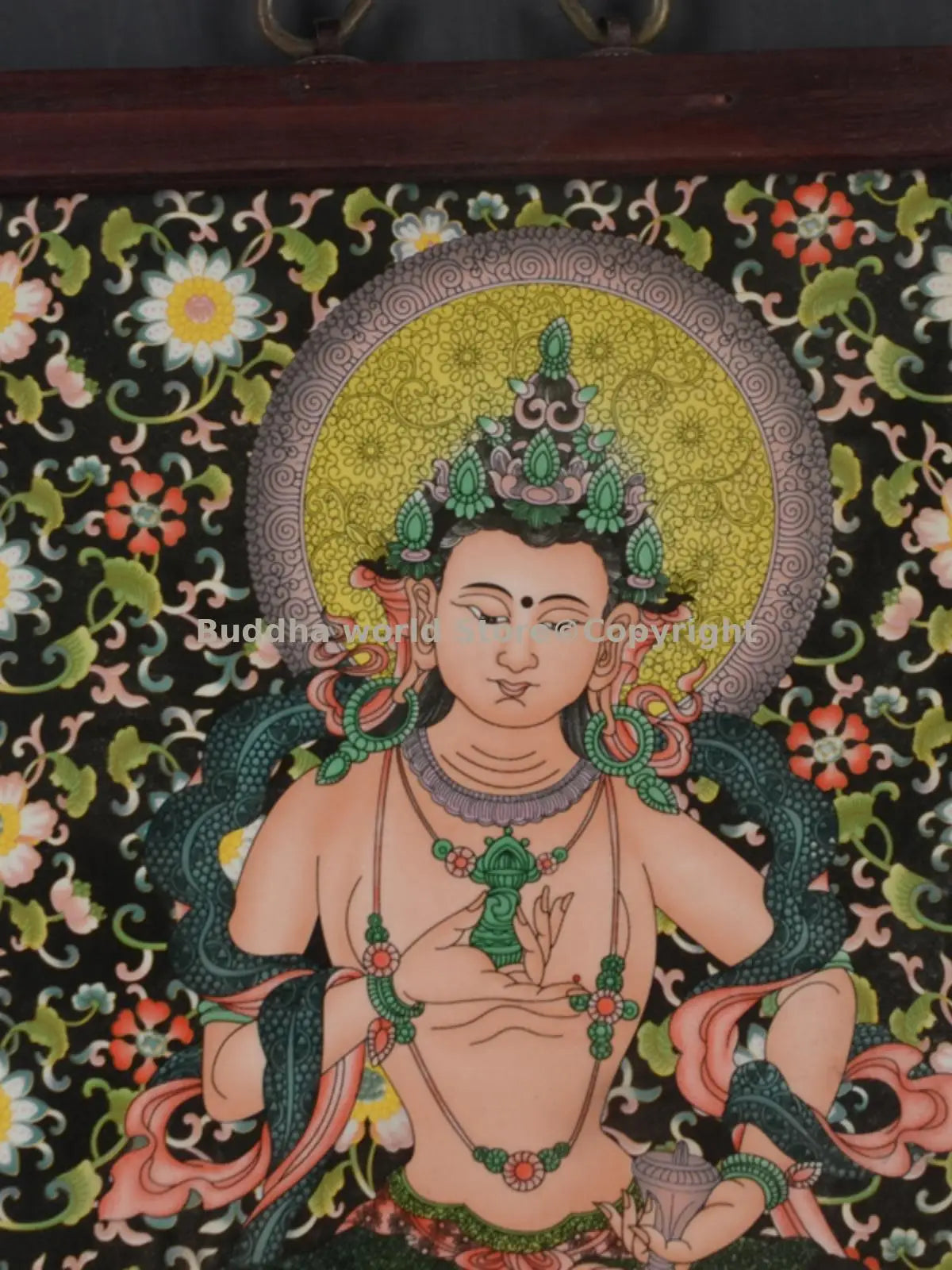 tableau art bouddhiste tibétain figure couleur noire jaune verte rouge blanche rose motifs floraux