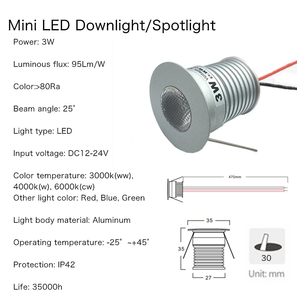 spot led argenté 3w 3000k 4000k 6000k moderne câbles haute température