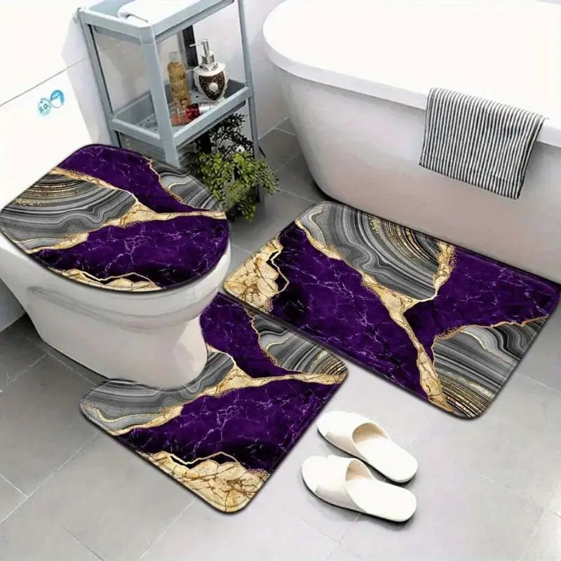 tapis bain ensemble moderne marbre doré blanc violet gris antidérapants salon