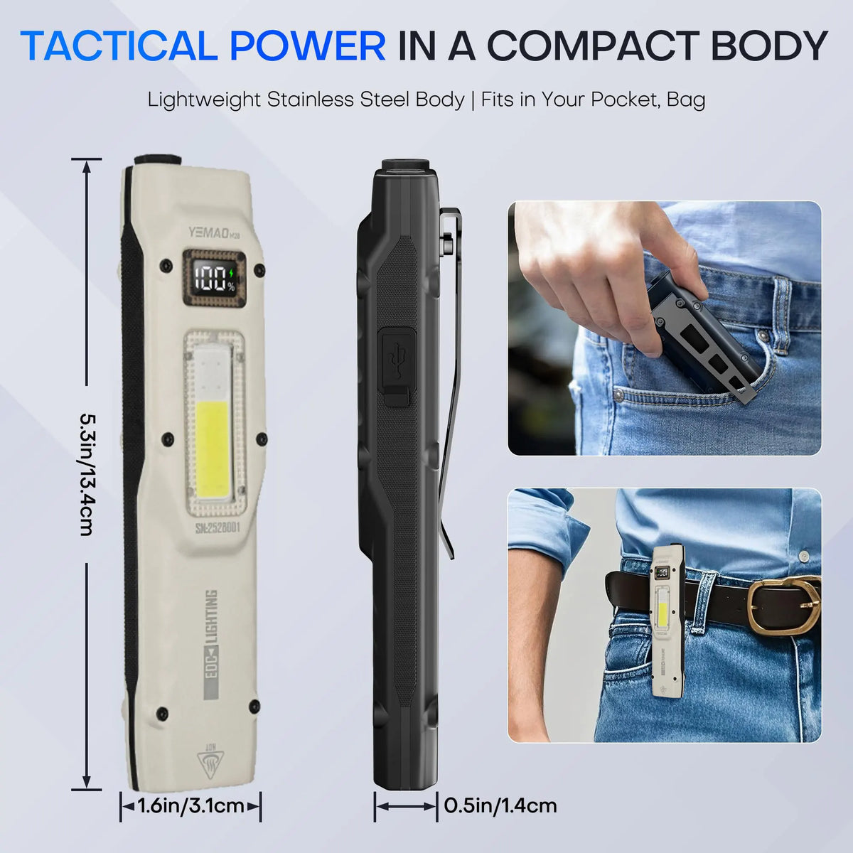 lampe torche tactique led rechargeable uv argent noir moderne compact clip antibruit