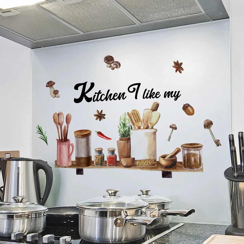 décoration murale aquarelle cuisine ustensiles épices plantes rustique botanique stickers muraux adhésifs